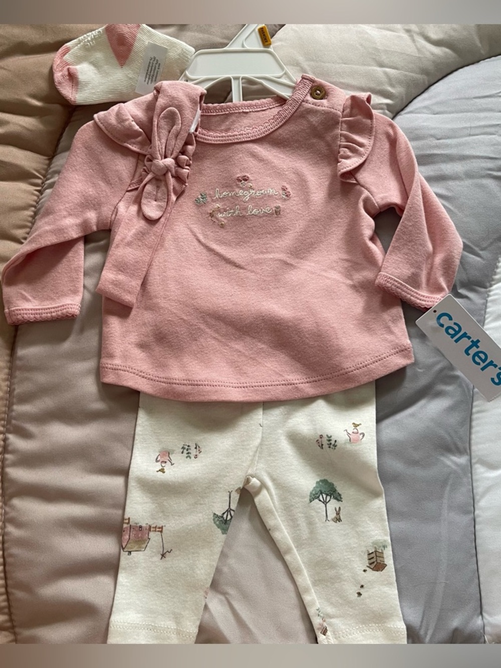 Carter's Newborn Homegrown Farm Print Pink Outfit 4pc Set Top Pants Headband X